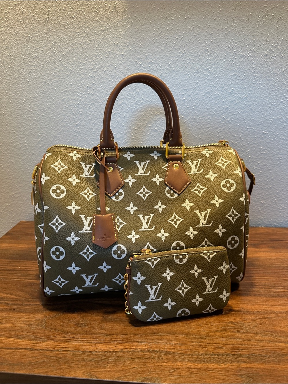 Sencha Olive Green Monogram Canvas Satchel with Pouch
